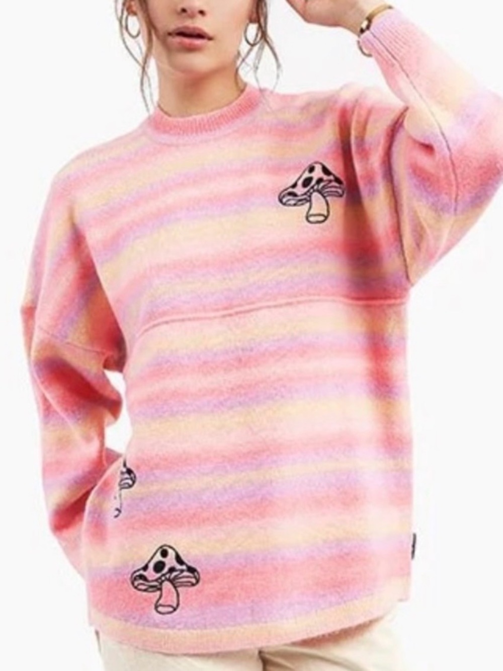 Spirit Jersey Psychedelic  Striped Pastel Pink Mushroom Crewneck Sweater Sz S
